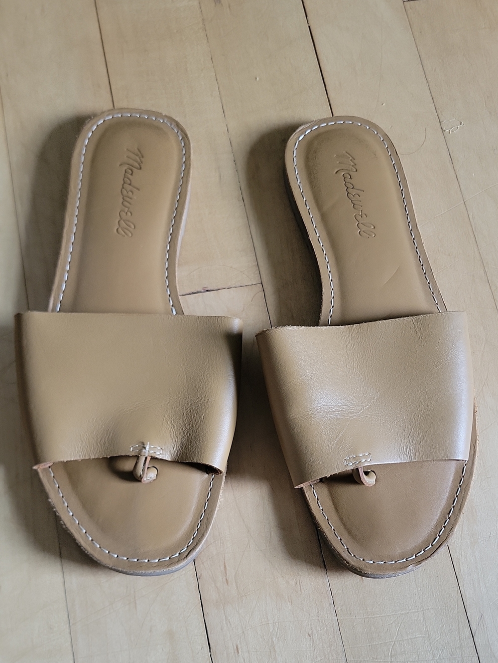 Madewell Beige Leather Slide Sandals with Toe Loop - 6